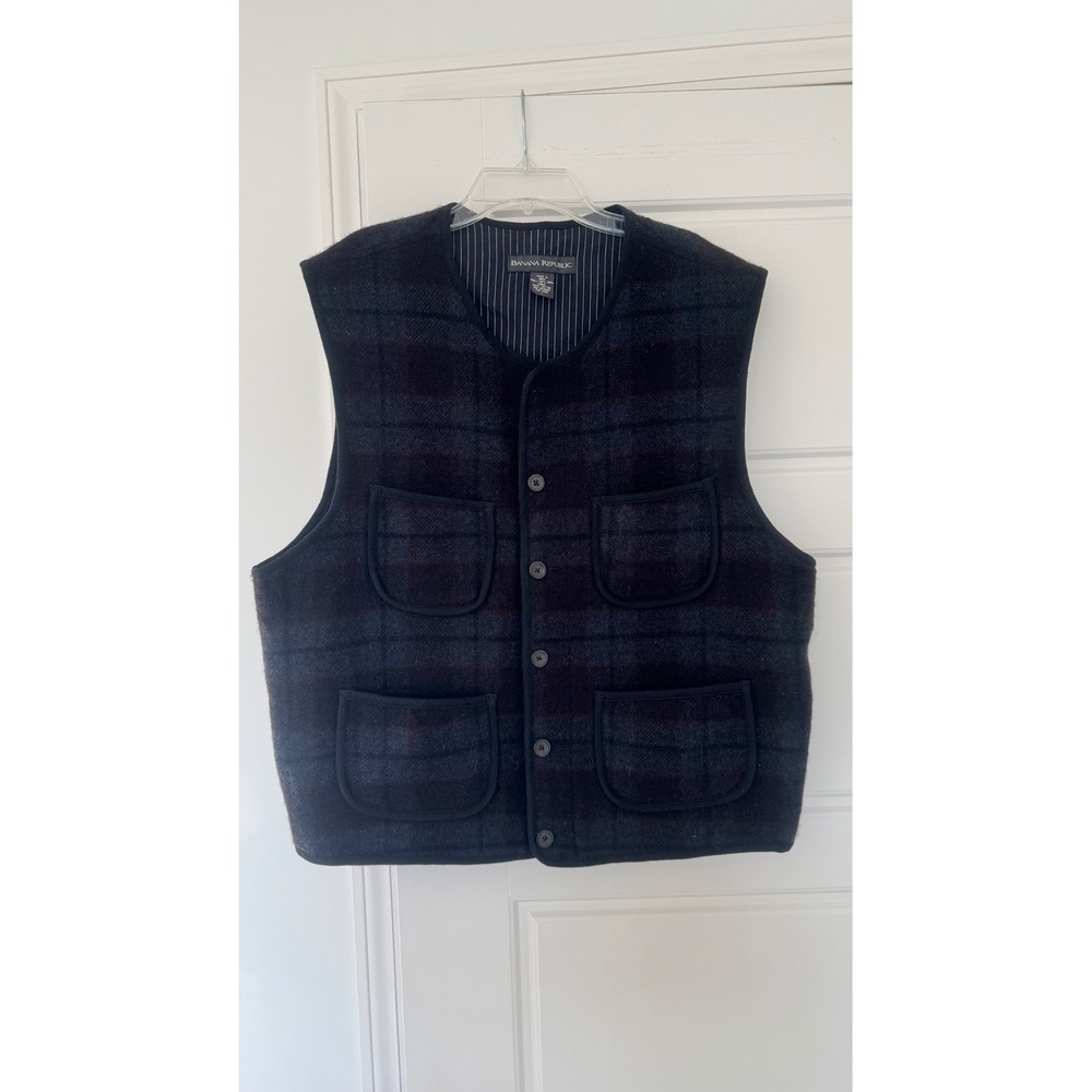 Banana‎ Republic 1990's Vintage Plaid Wool 4 Pocket Workwear Vest Men's Size L